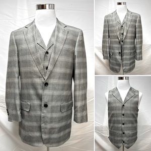Men's Apollo King Gray Windowpane Plaid Houndstooth 38R Vest Blazer Jacket Set